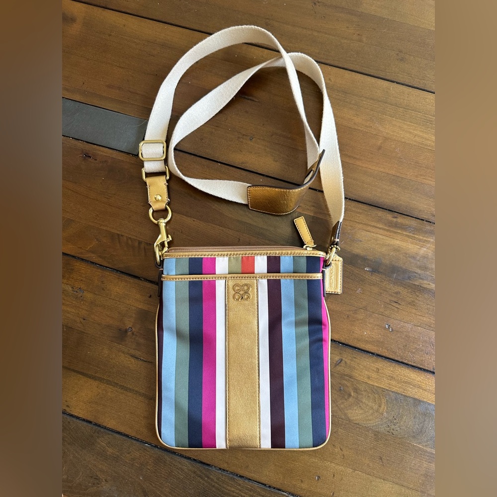 COACH Striped Gold Metallic Crossbody Cotton Adjustable Strap